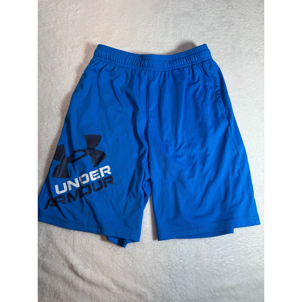 Under Armour Boys Large Blue Graphic Logo Athletic Shorts Loose Fit Pockets